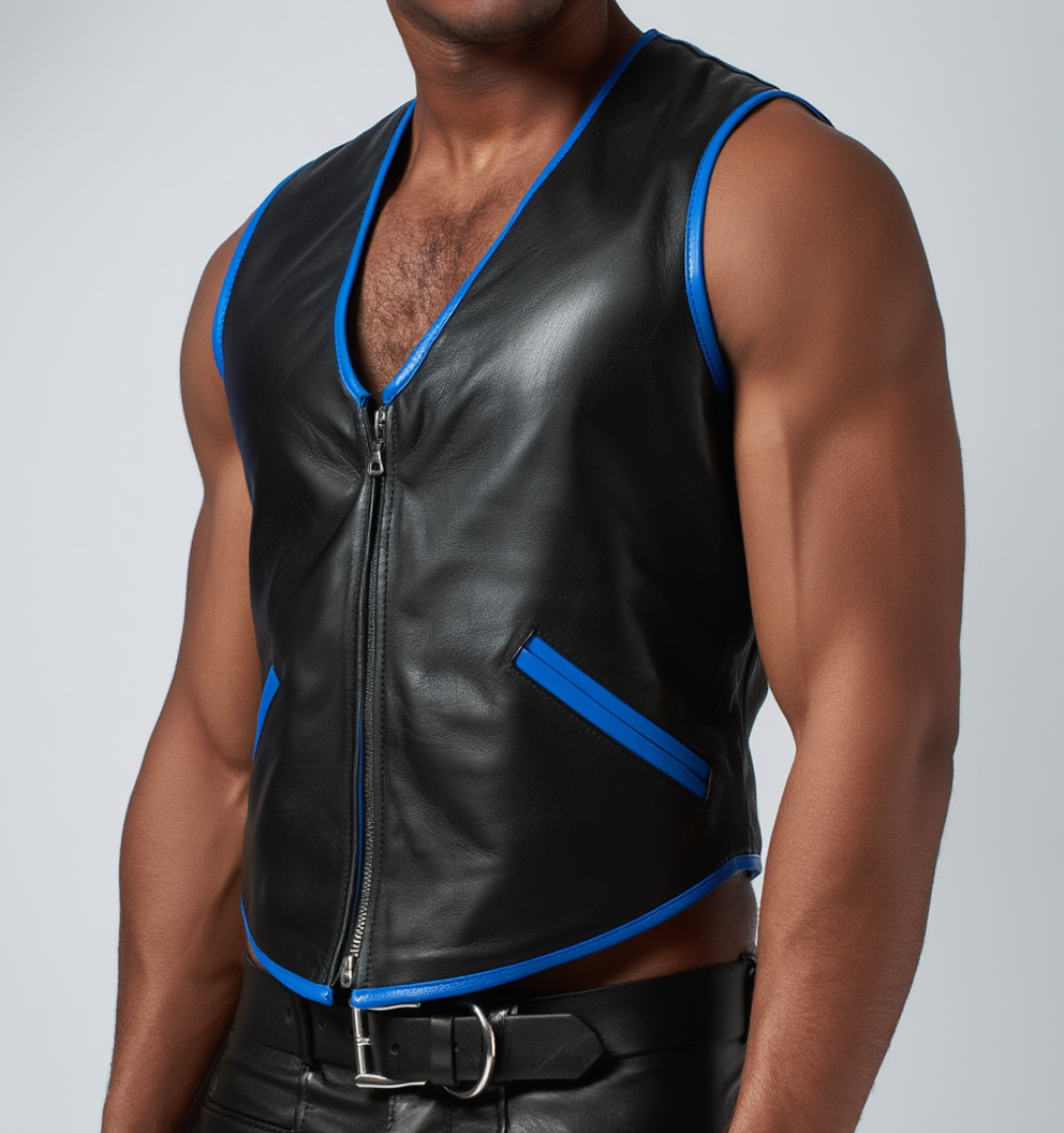 Waist Coat Vest — black leather zip vest with blue trim